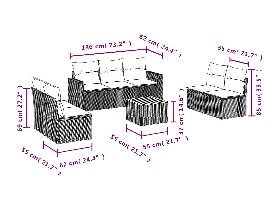Salon de jardin 8 pcs avec coussins gris résine tressée