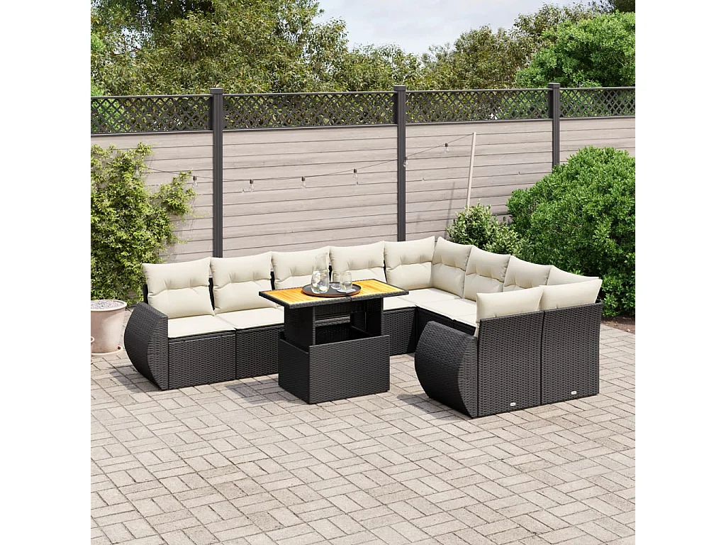Salon de jardin 10 pcs avec coussins noir résine tressée