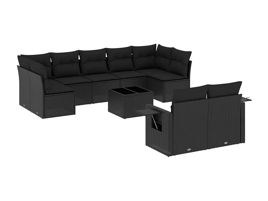 Salon de jardin 10 pcs avec coussins noir résine tressée