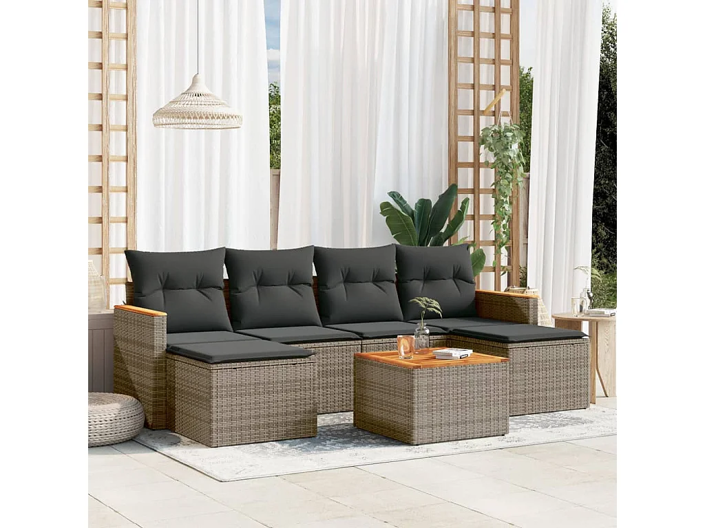 Salon de jardin avec coussins 7 pcs gris résine tressée