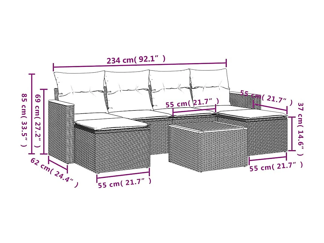 Salon de jardin avec coussins 7 pcs gris résine tressée