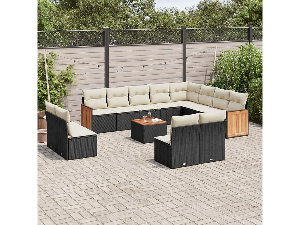Salon de jardin avec coussins 13 pcs noir résine tressée