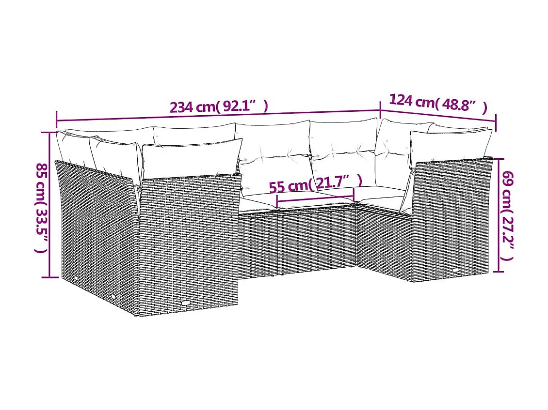 Salon de jardin avec coussins 6 pcs marron résine tressée