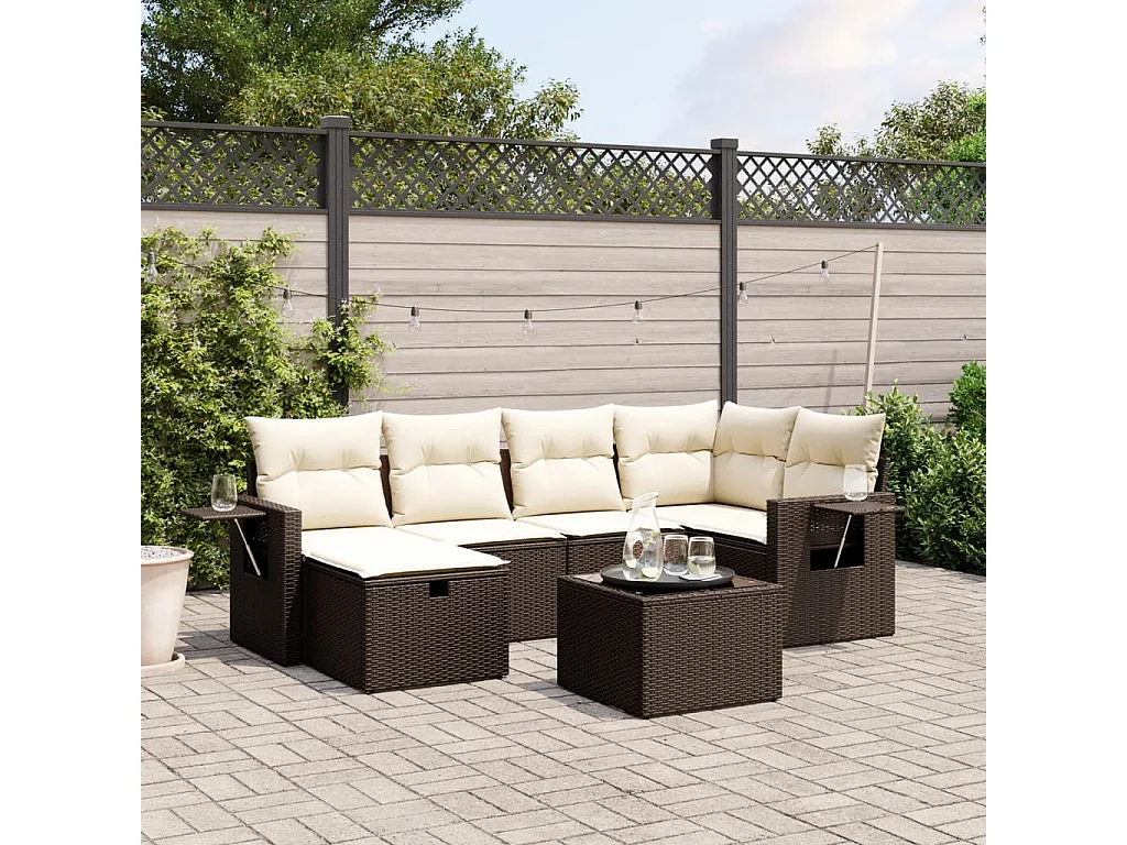 Salon de jardin avec coussins 6 pcs marron résine tressée