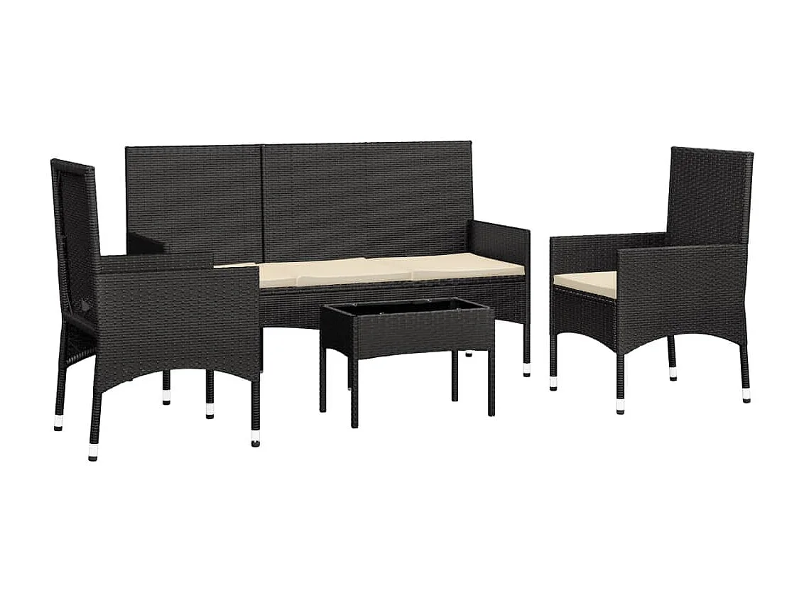 Salon de jardin 4 pcs avec coussins Noir Résine tressée