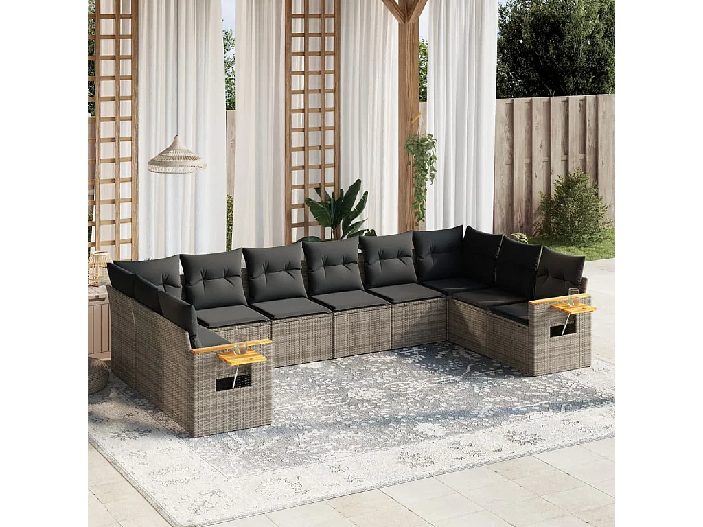 Salon de jardin avec coussins 10 pcs gris résine tressée
