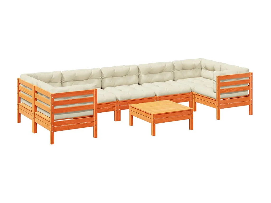 Salon de jardin 8 pcs avec coussins marron cire bois pin massif