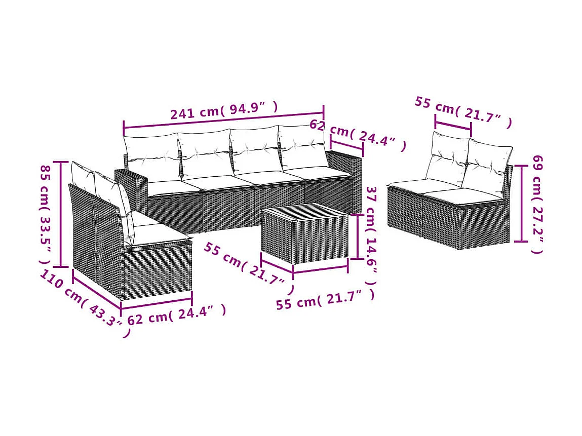 Salon de jardin 9 pcs avec coussins noir résine tressée