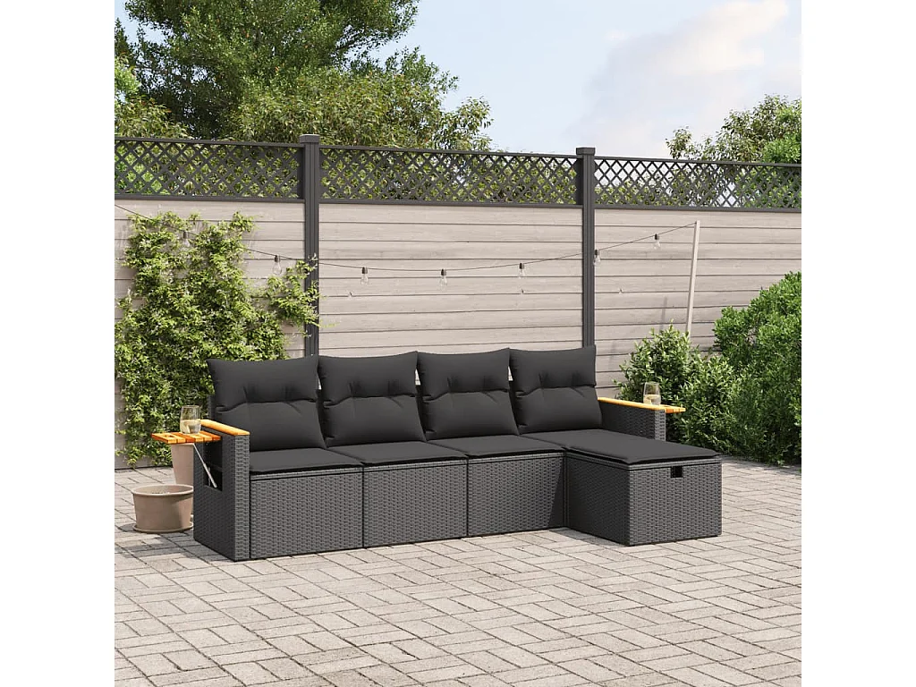 Salon de jardin 5 pcs avec coussins noir résine tressée