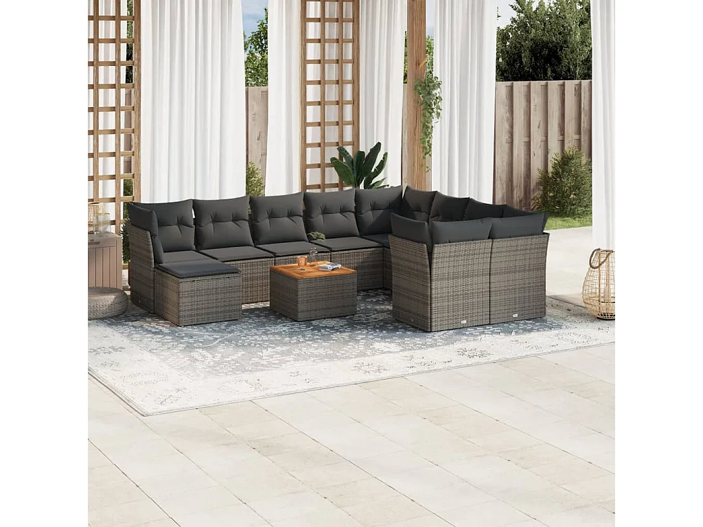 Salon de jardin 11 pcs avec coussins gris résine tressée