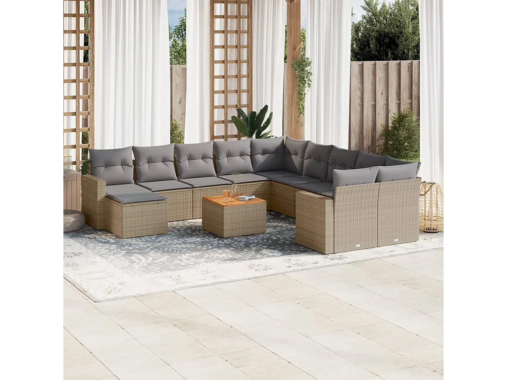 Salon de jardin et coussins 14 pcs mélange beige résine tressée