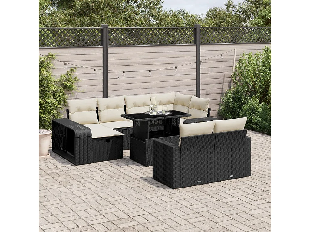 Salon de jardin 11 pcs avec coussins noir résine tressée