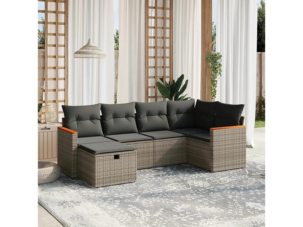 Salon de jardin 6 pcs avec coussins gris résine tressée