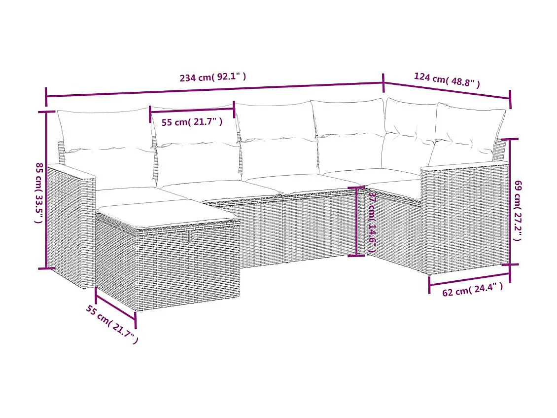 Salon de jardin 6 pcs avec coussins gris résine tressée