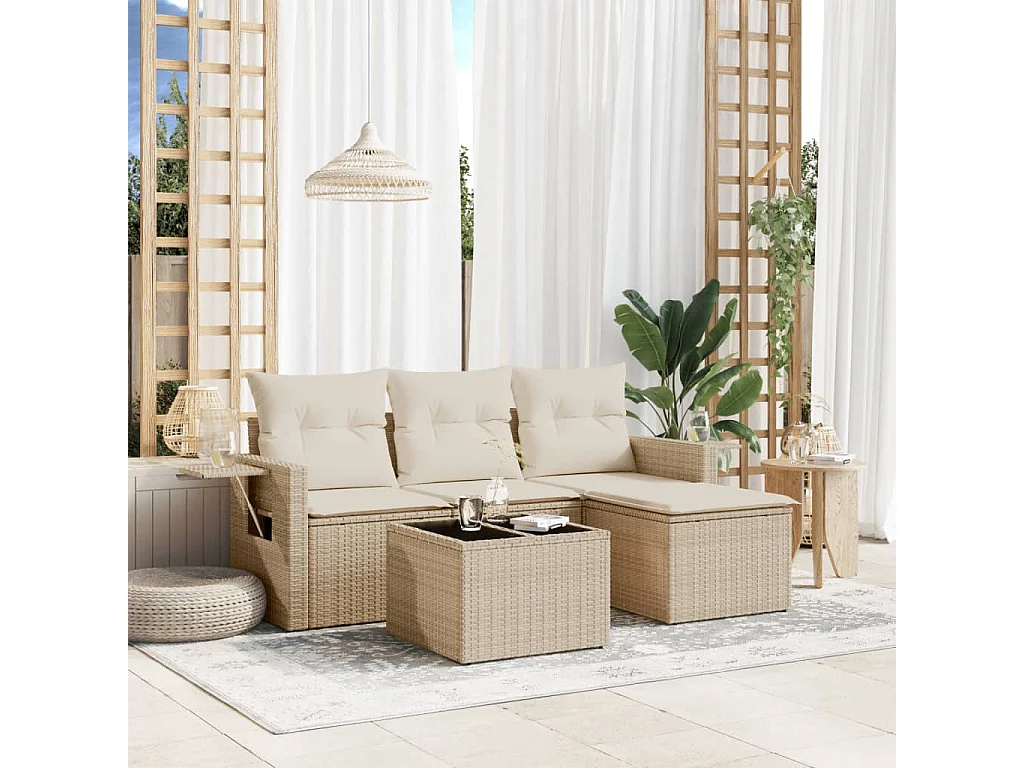 Salon de jardin avec coussins 4 pcs beige résine tressée