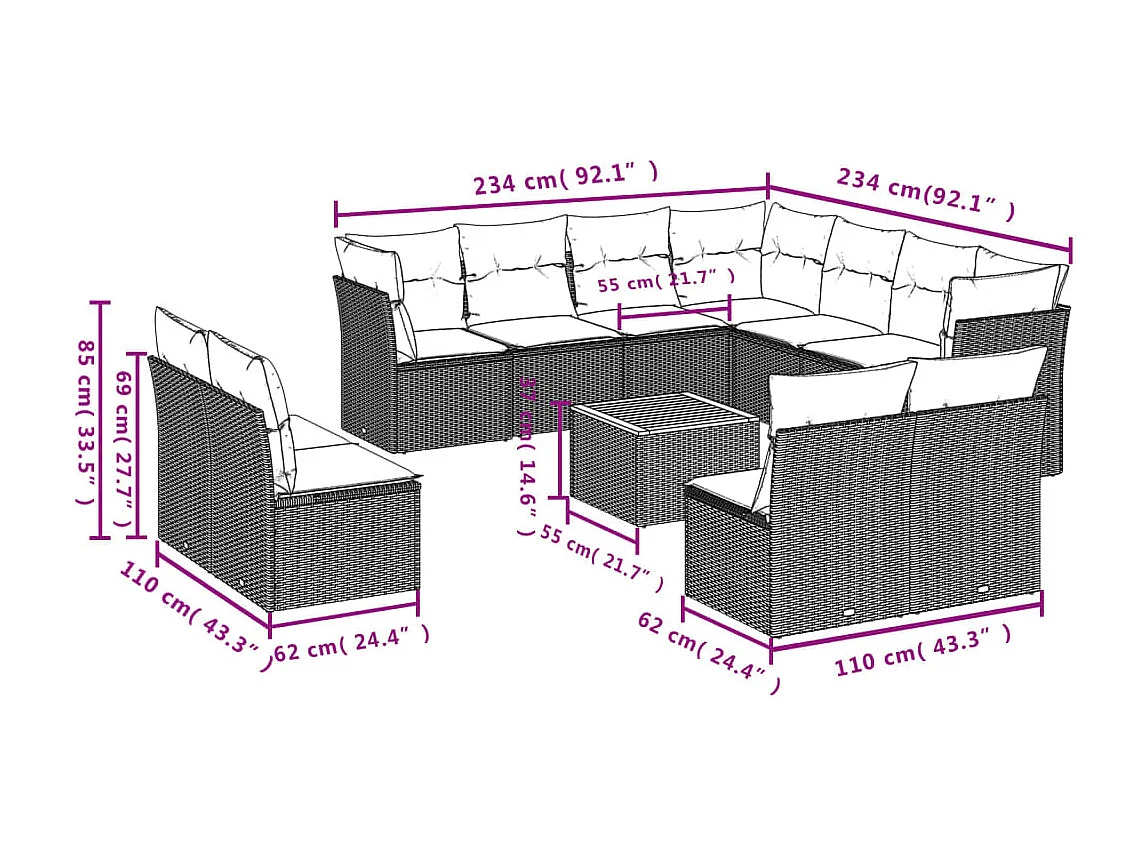 Salon de jardin avec coussins 12 pcs gris résine tressée