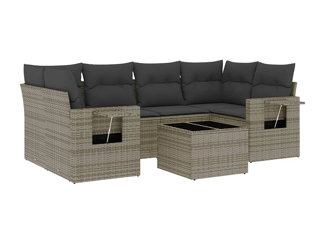 Salon de jardin avec coussins 7 pcs gris résine tressée
