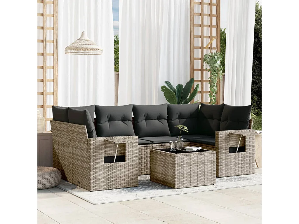 Salon de jardin avec coussins 7 pcs gris résine tressée