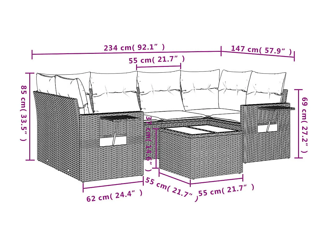 Salon de jardin avec coussins 7 pcs gris résine tressée