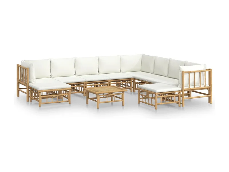 Salon de jardin 11 pcs avec coussins blanc crème bambou
