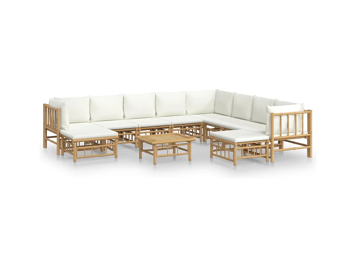 Salon de jardin 11 pcs avec coussins blanc crème bambou