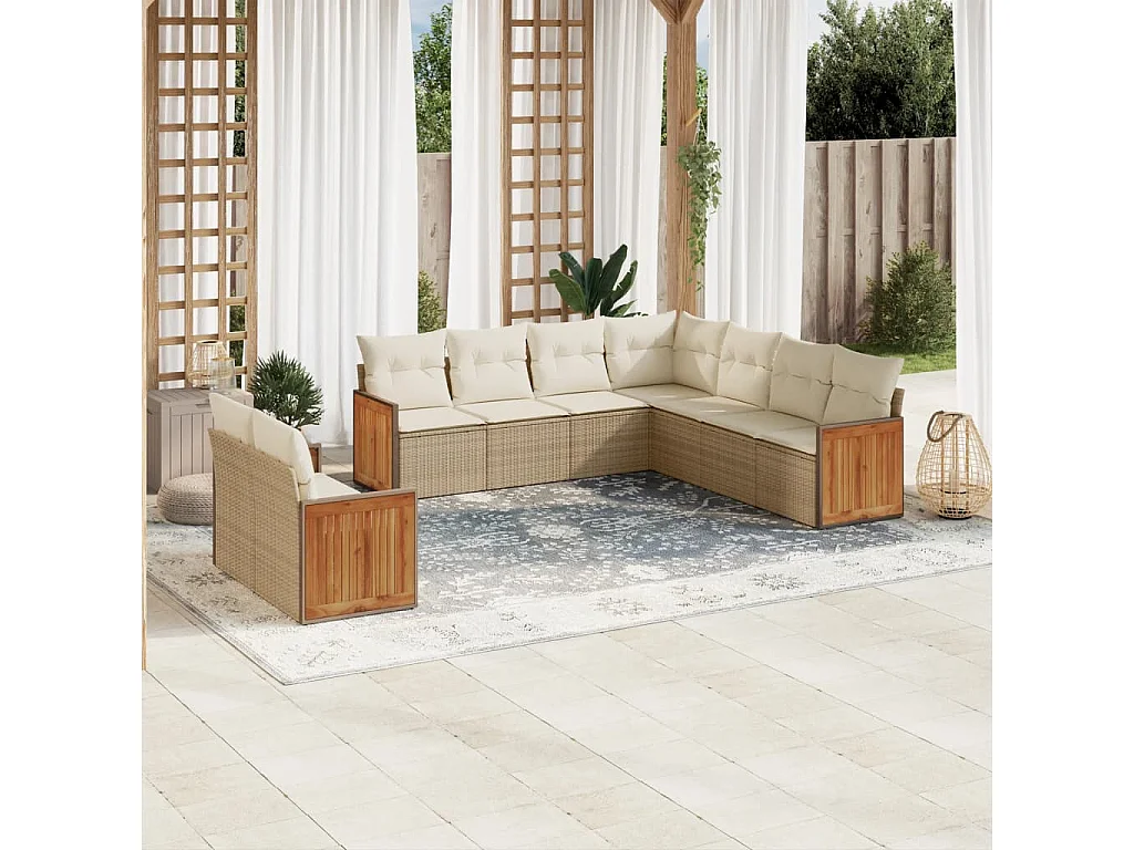 Salon de jardin avec coussins 9 pcs beige résine tressée