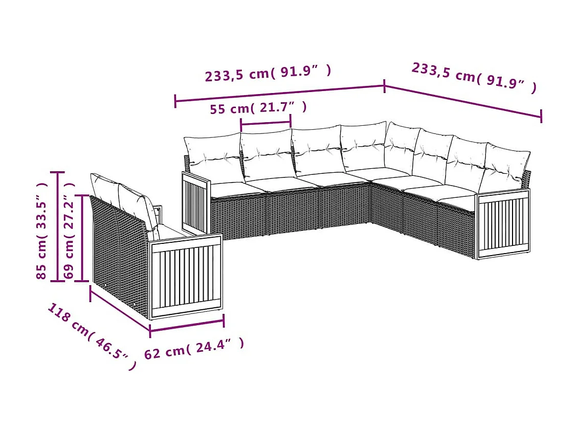 Salon de jardin avec coussins 9 pcs beige résine tressée