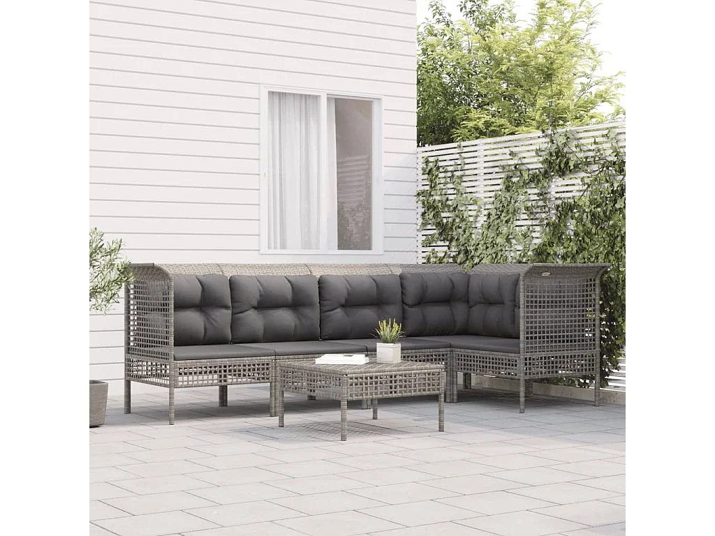 Salon de jardin 6 pcs avec coussins Gris Résine tressée