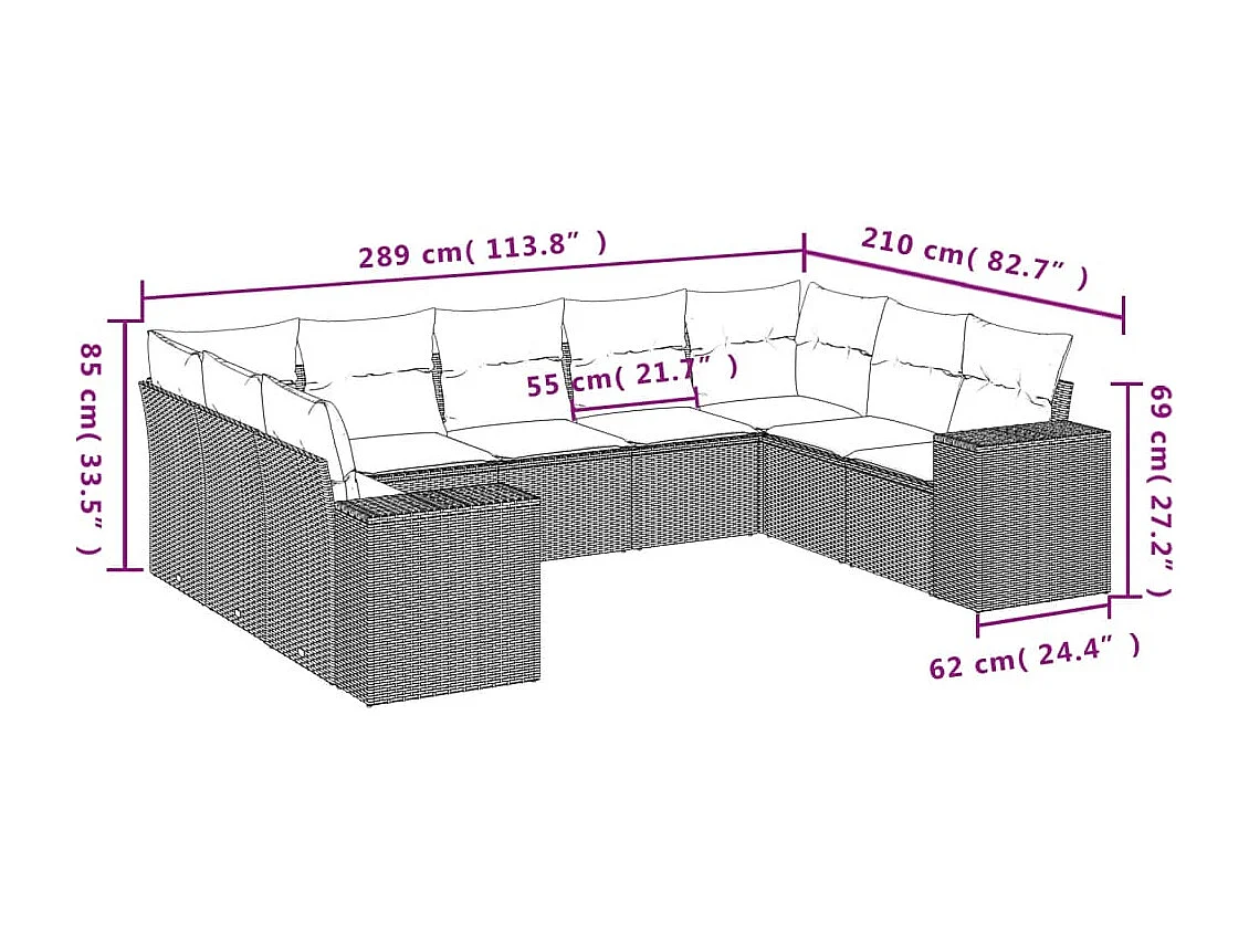 Salon de jardin 9 pcs avec coussins gris résine tressée