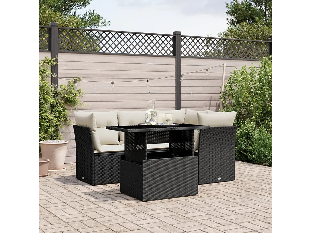 Salon de jardin 5 pcs avec coussins noir résine tressée