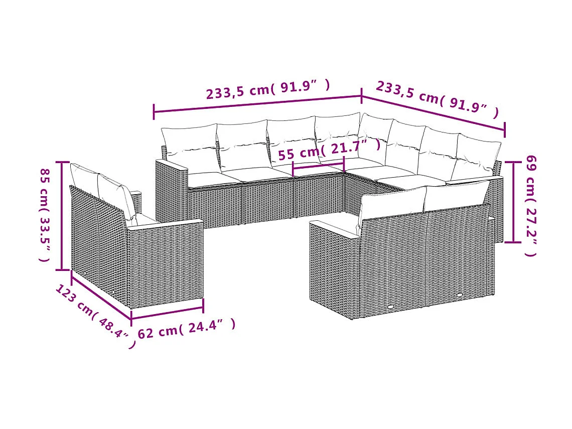 Salon de jardin 11 pcs avec coussins beige résine tressée