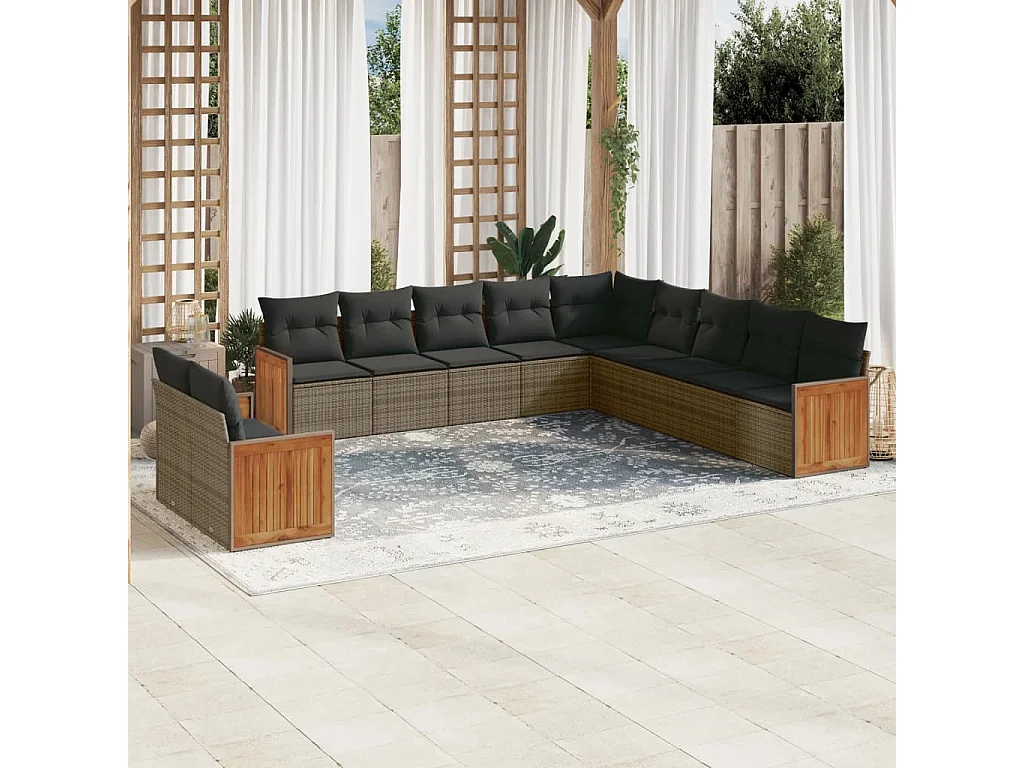 Salon de jardin 11 pcs avec coussins gris résine tressée
