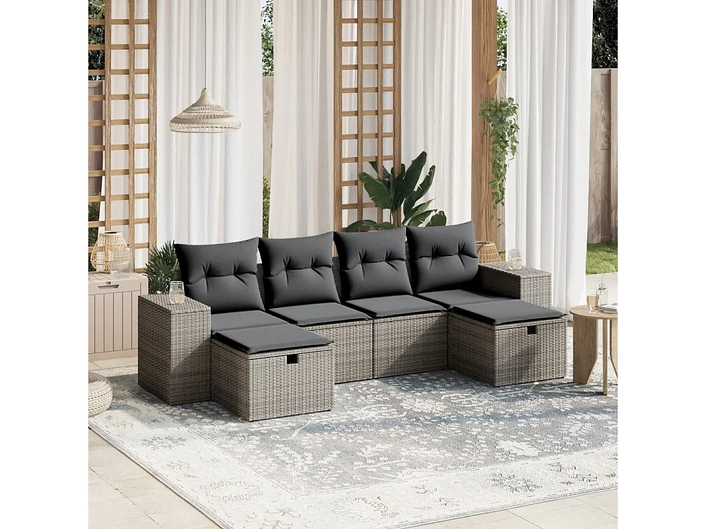 Salon de jardin 6 pcs avec coussins gris résine tressée