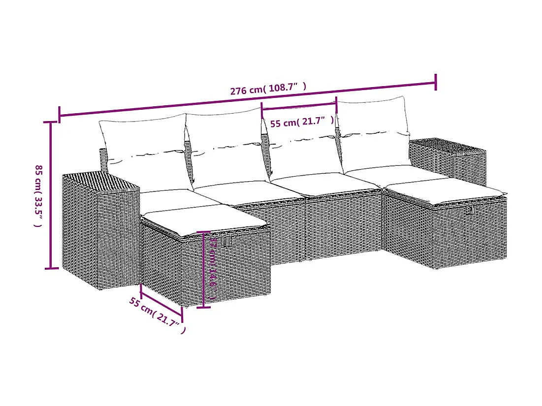 Salon de jardin 6 pcs avec coussins gris résine tressée