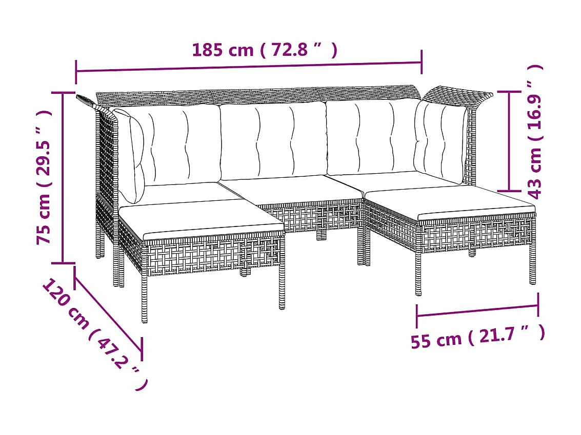 Salon de jardin 5 pcs avec coussins Gris Résine tressée