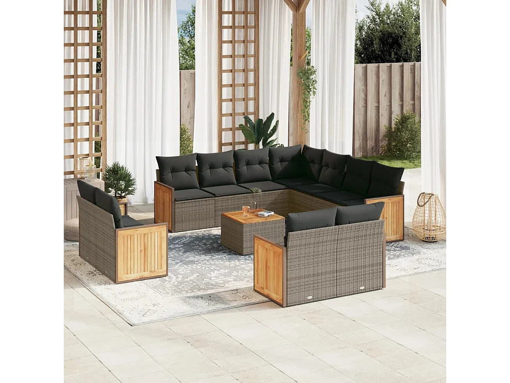 Salon de jardin avec coussins 12 pcs gris résine tressée