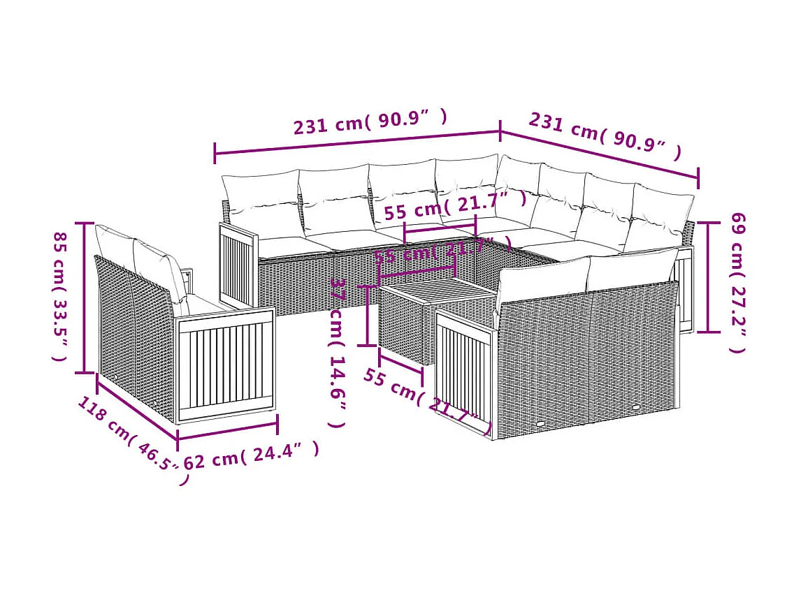 Salon de jardin avec coussins 12 pcs gris résine tressée