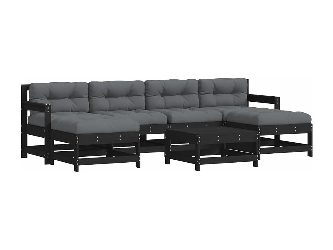 Salon de jardin 7 pcs avec coussins noir bois massif