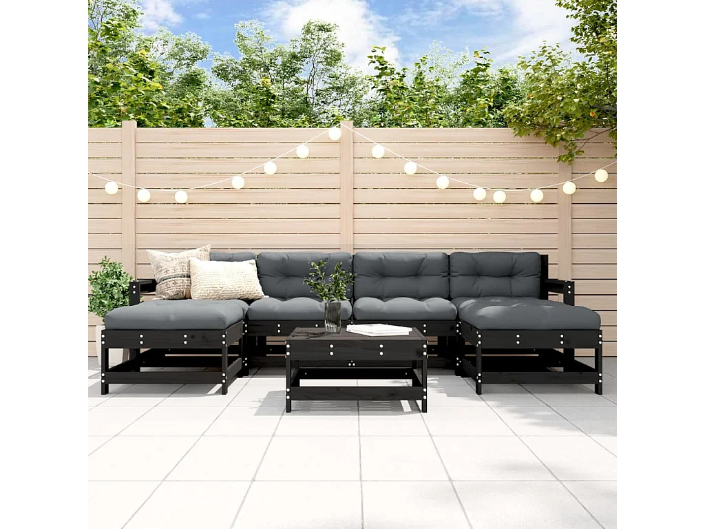 Salon de jardin 7 pcs avec coussins noir bois massif