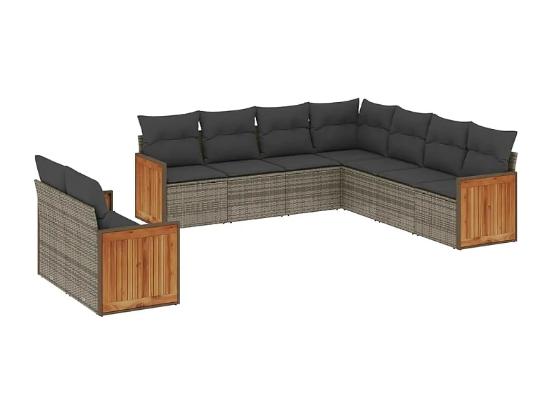 Salon de jardin 9 pcs avec coussins gris résine tressée