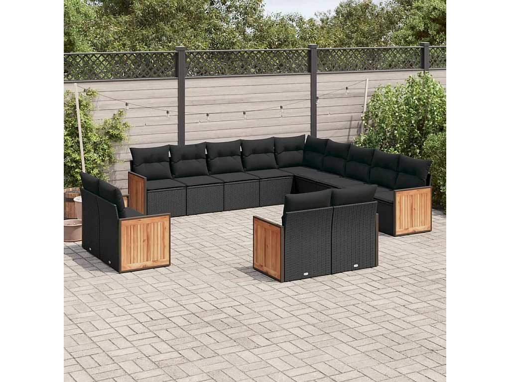 Salon de jardin avec coussins 13 pcs noir résine tressée