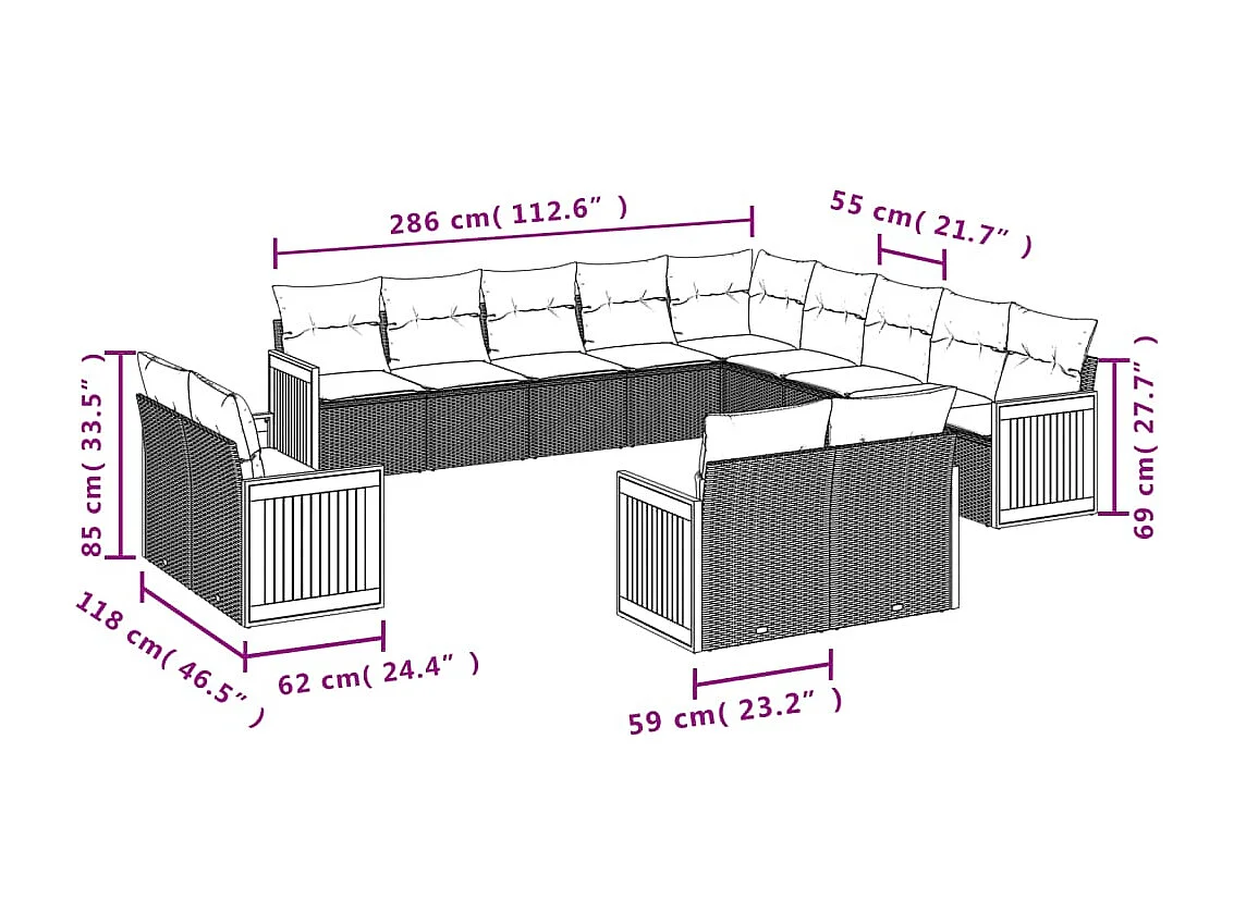 Salon de jardin avec coussins 13 pcs noir résine tressée