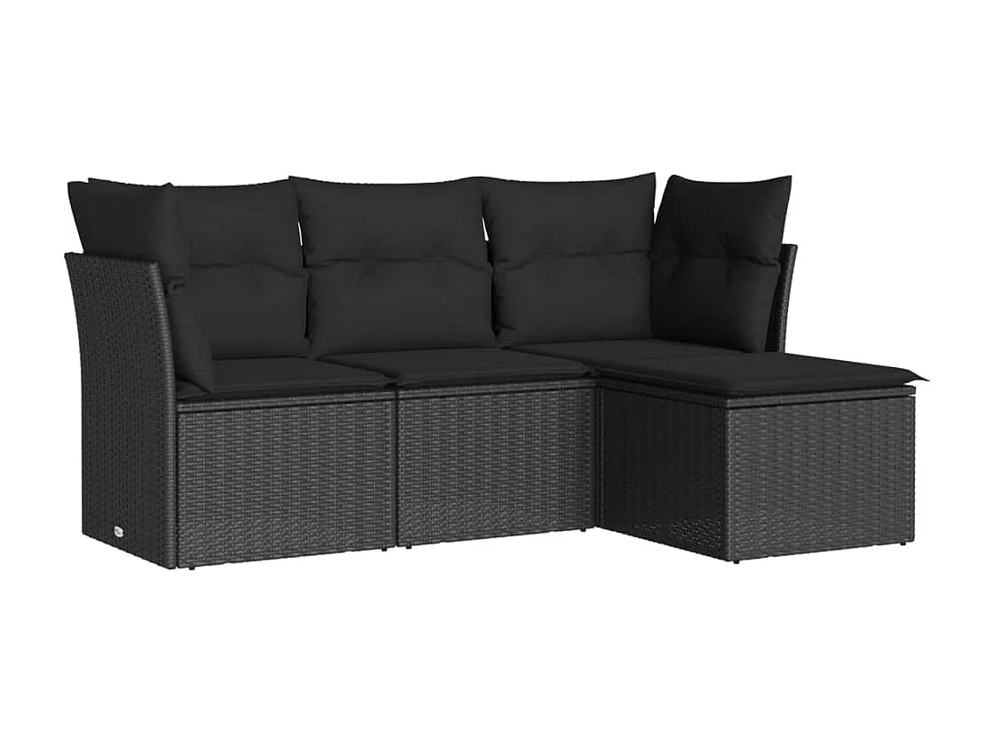 Salon de jardin 4 pcs avec coussins noir résine tressée