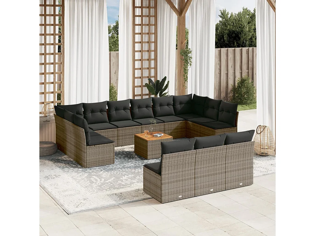 Salon de jardin avec coussins 14 pcs gris résine tressée