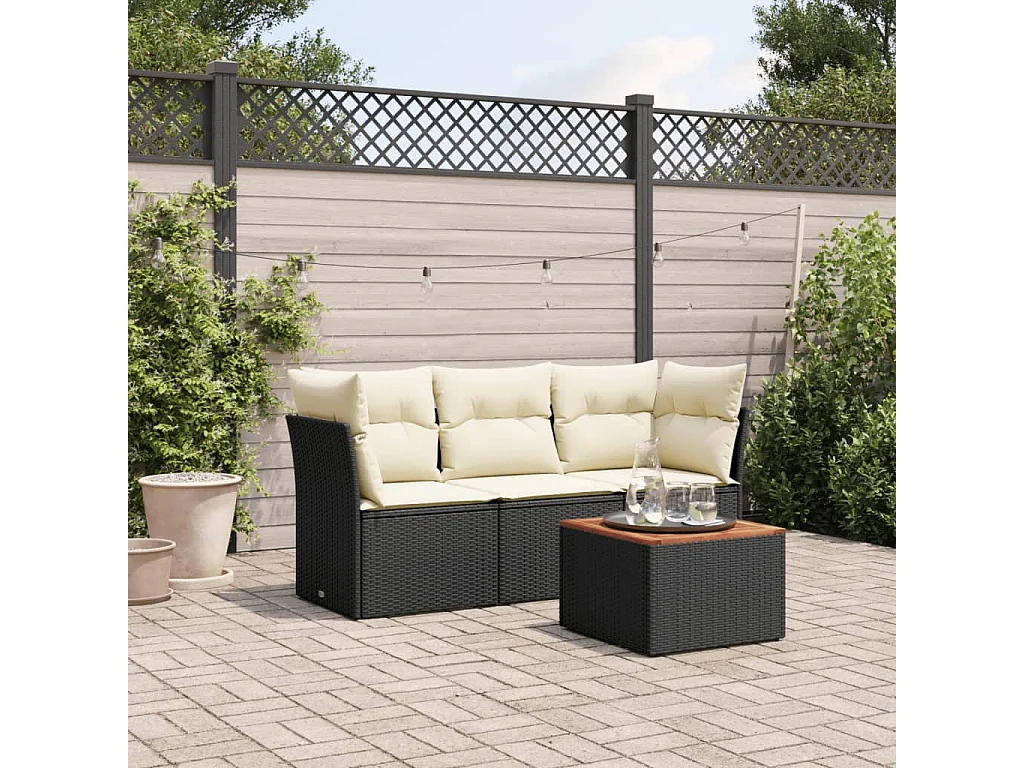 Salon de jardin 4 pcs avec coussins noir résine tressée