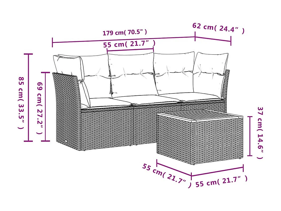 Salon de jardin 4 pcs avec coussins noir résine tressée