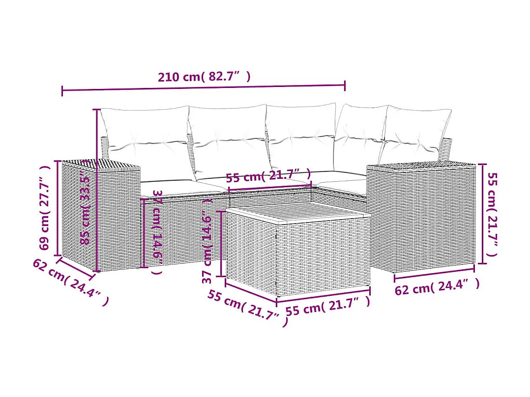 Salon de jardin avec coussins 5 pcs beige résine tressée