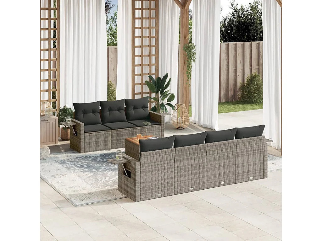 Salon de jardin 8 pcs avec coussins gris résine tressée