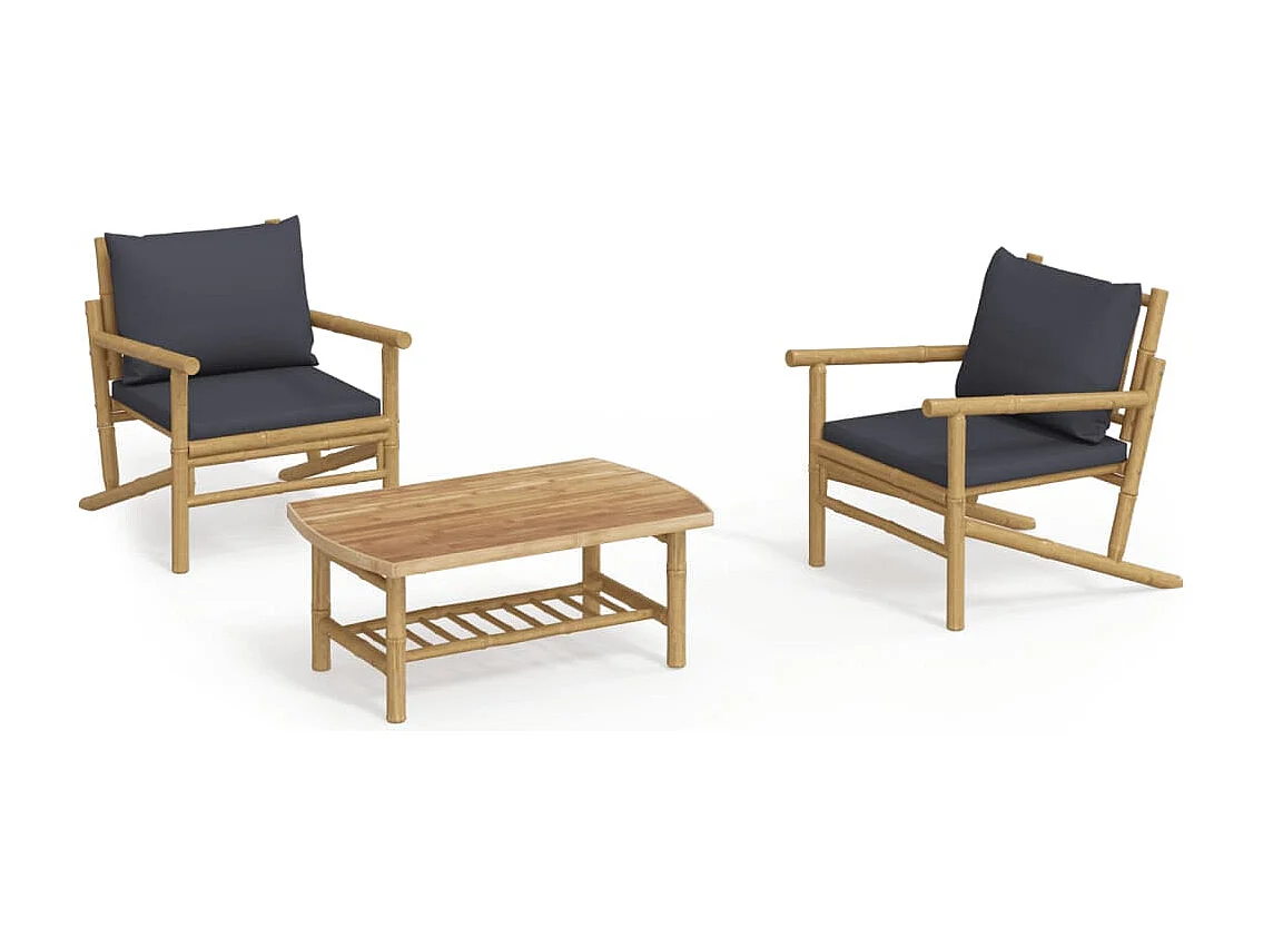 Salon de jardin 3 pcs avec coussins gris foncé bambou