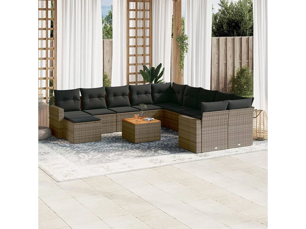 Salon de jardin avec coussins 14 pcs gris résine tressée